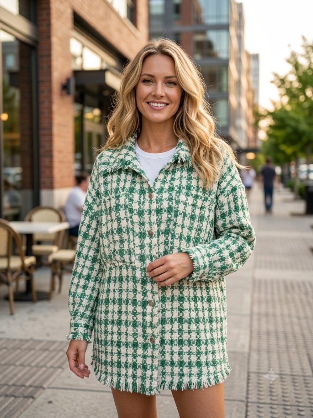 Vestique Green & White Tweed Fringed Shacket - Size M
